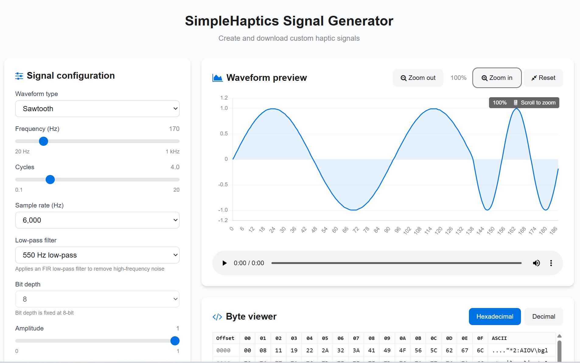 SimpleHaptics signal generator — waveform design and conversion tool
