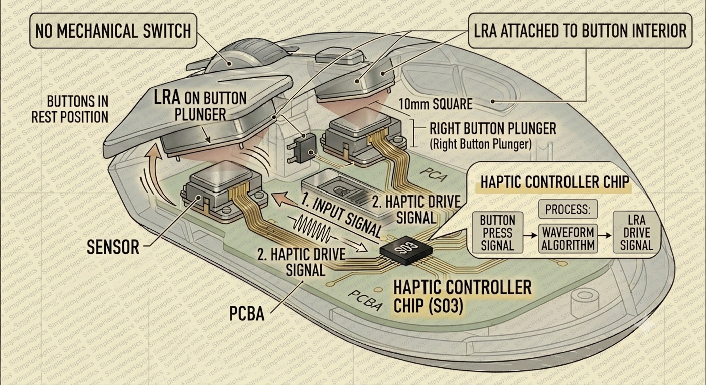 S03 reference design: gaming-mouse cutaway showing the haptic controller chip and LRA on the button plunger