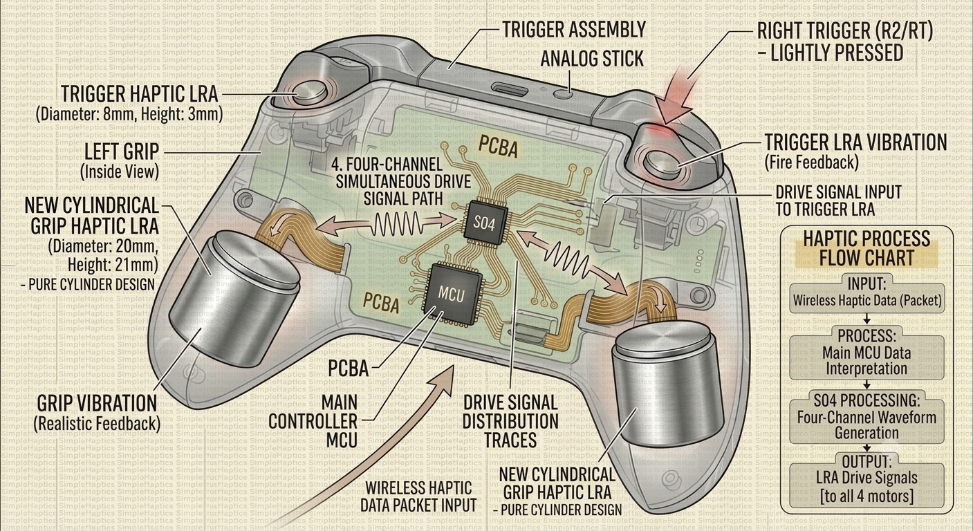 S04 reference design: standard game-controller cutaway showing four-channel LRA drive — trigger and grip haptic motors