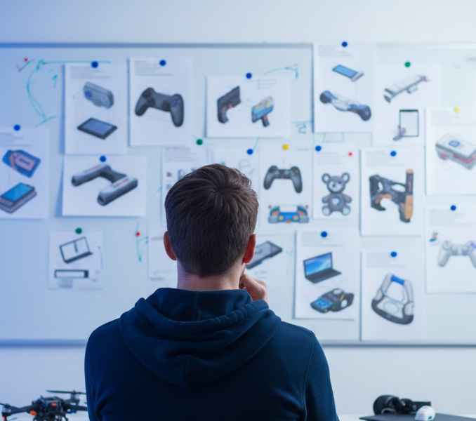 Haptic designer reviewing device concepts — controllers, trackpads, toys and wearables
